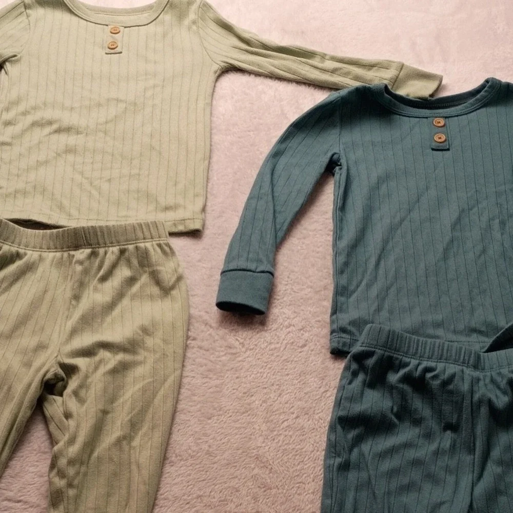Cloud Island Toddler 3T Ribbed Pajama Set 2-Pack Green Teal Henley Long Sleeve